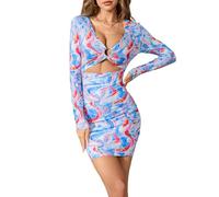 Women's Graphic Print V Neck Long Sleeve Dress Cut Out Metal Ring Mini Bodycon Dresses