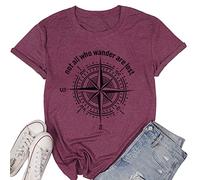 Womens Graphic T-Shirt Not All Who Wander are Lost Letters Print Compass Funny Tees for Women Summer Casual Athletic Shirts, Purple, Large