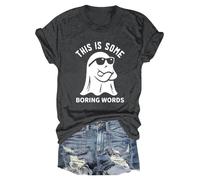 Womens Graphic T Shirts Doodles Crew Neck Spooky Season Chost Print Shirt Casual Short Sleeve Top Happy Festival Family Party Celebration Halloween Fashion Gift Top (Grey, M)