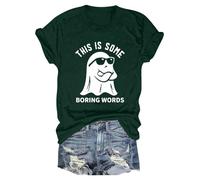 Womens Graphic T Shirts Doodles Crew Neck Spooky Season Chost Print Shirt Casual Short Sleeve Top Happy Festival Family Party Celebration Halloween Fashion Gift Top (Blackish Green, L)