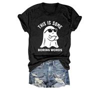 Womens Graphic T Shirts Doodles Crew Neck Spooky Season Chost Print Shirt Casual Short Sleeve Top Happy Festival Family Party Celebration Halloween Fashion Gift Top (Black, S)
