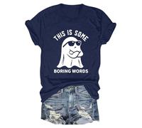 Womens Graphic T Shirts Doodles Crew Neck Spooky Season Chost Print Shirt Casual Short Sleeve Top Happy Festival Family Party Celebration Halloween Fashion Gift Top (Navy, XXL)