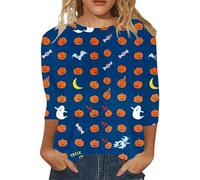 Womens Graphic T Shirts Ghost Doodles Crew Neck Spooky Season Shirt 3/4 Length Sleeve Spooky Tee Happy Festival Family Party Celebration Halloweentown University Tops (Blue, M)