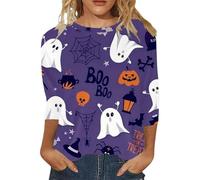 Womens Graphic T Shirts Ghost Doodles Crew Neck Spooky Season Shirt 3/4 Length Sleeve Spooky Tee Happy Festival Family Party Celebration Halloweentown University Tops (Purple, XL)