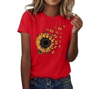 Women's Graphic Tees, Short Sleeve | Letter Sunflower Butterfly Print Round Neck Blouse, Loose Fit Soft, Ladies Casual Wear Top Red M