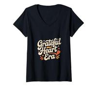 Womens Grateful Heart Era Retro Thankful Kindness Positivity V-Neck T-Shirt