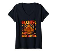 Womens Grateful Not Just Stuffed Thanksgiving Autumn Turkey Yoga V-Neck T-Shirt