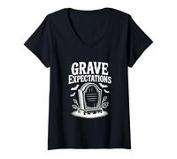 Womens Grave Expectations Halloween Tombstone for Spooky Fun V-Neck T-Shirt