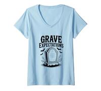 Womens Grave Expectations Halloween Tombstone for Spooky Fun V-Neck T-Shirt