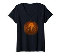 Womens Graveyard Wolf Pack Full Moon Pumpkin Carving V-Neck T-Shirt