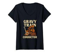 Womens Gravy Train Conductor - Funny Foodie Thanksgiving Railroad V-Neck T-Shirt