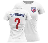 Womens Great Britain Flag Badge Custom Name and Number T Shirt, Football Personalised Jubilee United Kingdom Gifts for Her, England Scotland Wales Northern Ireland Tee, M, White