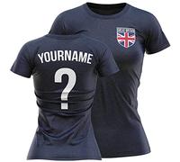 Womens Great Britain Flag Badge Custom Name and Number T Shirt, Football Personalised Jubilee United Kingdom Gifts for Her, England Scotland Wales Northern Ireland Tee, S, Navy