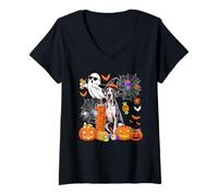 Womens Great Dane As Witch Drinking Coffee Halloween Boo Ghost V-Neck T-Shirt