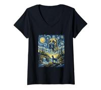 Women's Great Dane Dog Moon Howling Starry Night Van Gogh Art Style V-Neck T-Shirt