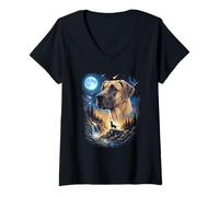 Women's Great Dane Howling at The Moon Vintage Dog Art V-Neck T-Shirt