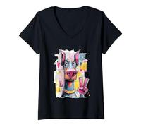 Women's Great Dane Peace Graffiti Pop Character Graphic Art Dog V-Neck T-Shirt