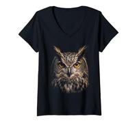 Women's Great Horned Owl Face Forest Bird Wildlife Nature Owl V-Neck T-Shirt