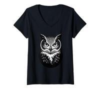 Women's Great Horned Owl Symmetric Portrait V-Neck T-Shirt