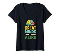 Womens Great Minds Don't Think Alike Neurodiversity Brain V-Neck T-Shirt