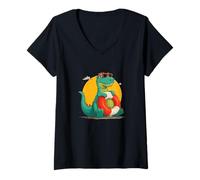Women's Great Pool Party with This Funny Dinosaur and Beach Ring V-Neck T-Shirt
