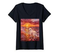 Women's Great Pyrenees Dog on a Sunset Beach Summer Artwork V-Neck T-Shirt