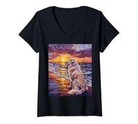 Women's Great Pyrenees on a Summer Beach at Sunset Colorful Artwork V-Neck T-Shirt