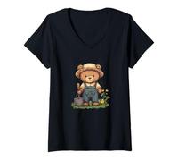 Womens Great Teddy Bear Cultivating Flowers for a Peaceful Mood V-Neck T-Shirt