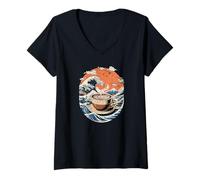 Womens Great Wave Coffee Cup with Mount Fuji and Sunrise V-Neck T-Shirt