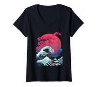Womens Great Wave off Kanagawa Retro Glitch Aesthetic Vaporwave V-Neck T-Shirt