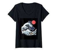 Womens Great Wave Wolf Surfing Sunset Ocean Night Wildlife V-Neck T-Shirt
