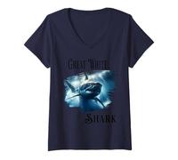 Womens Great White Shark, Shark Swimming in The Ocean V-Neck T-Shirt