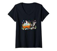 Women's Greater Swiss Mountain Carrying Bunnies Easter Colorful Eggs V-Neck T-Shirt