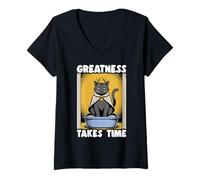 Womens Greatness Takes Time Funny Cat Litter Box Black Cat V-Neck T-Shirt