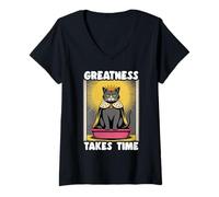 Womens Greatness Takes Time Funny Cat Litter Box Black Cat V-Neck T-Shirt