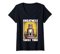 Womens Greatness Takes Time Funny Cat Litter Box Cat V-Neck T-Shirt