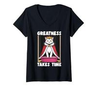 Womens Greatness Takes Time Funny Cat Litter Box Cat V-Neck T-Shirt