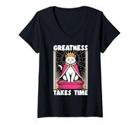 Womens Greatness Takes Time Funny Cat Litter Box Cat V-Neck T-Shirt