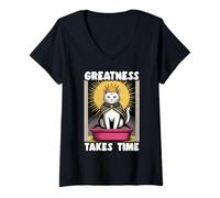 Womens Greatness Takes Time Funny Cat Litter Box Cat V-Neck T-Shirt