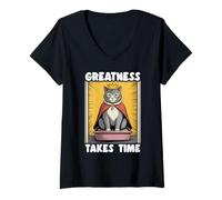 Womens Greatness Takes Time Funny Cat Litter Box Cat V-Neck T-Shirt