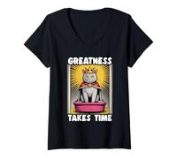 Womens Greatness Takes Time Funny Cat Litter Box Cat V-Neck T-Shirt
