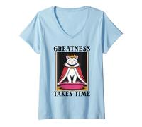 Womens Greatness Takes Time Funny Cat Litter Box Cat V-Neck T-Shirt