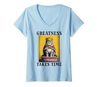 Womens Greatness Takes Time Litter Box Cat Lover Funny Cat V-Neck T-Shirt