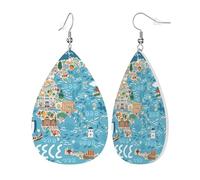 Womens Greece Map Print Leather Earrings Teardrop Dangle Earrings Jewelry Outfits Accessories