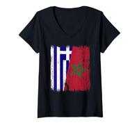 Womens Greece Morocco Half Flag Greek Moroccan Heritage Jersey V-Neck T-Shirt