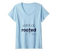 Womens Greece Rooted in Jesus Christian Art V-Neck T-Shirt