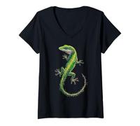 Womens Green-Anole Animal Portrait Graphic Illustration V-Neck T-Shirt