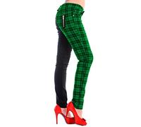 Womens Green Banned Half Tartan Plaid Check Emo Punk Split Leg Skinny Trousers - (S/28"/UK 10)