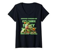 Women's Green Cheeked Conure Parrot Fruit Art V-Neck T-Shirt