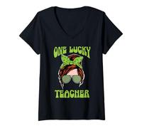 Women's Green Clover Leaf One Lucky Teacher St Patrick's Day V-Neck T-Shirt
